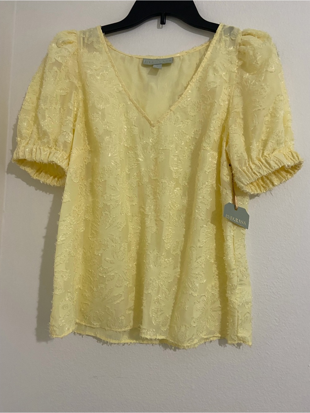 RYEGRASS Yellow Lace V-Neck Puff Sleeve Blouse
